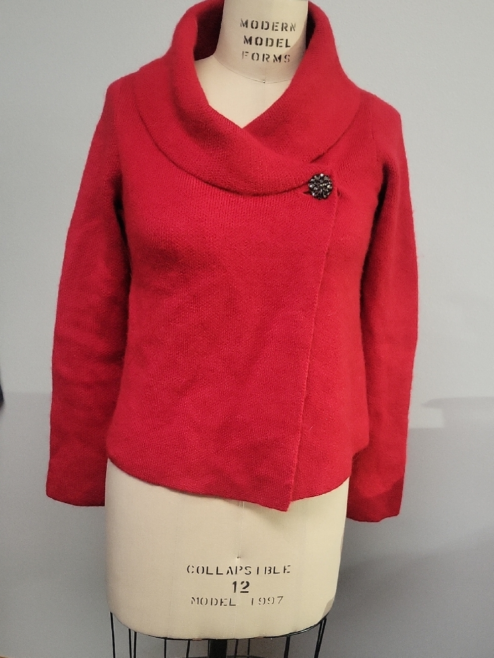 Adrienne Vittadini Red Asymmetrical Cowl Neck Sweater Jacket
